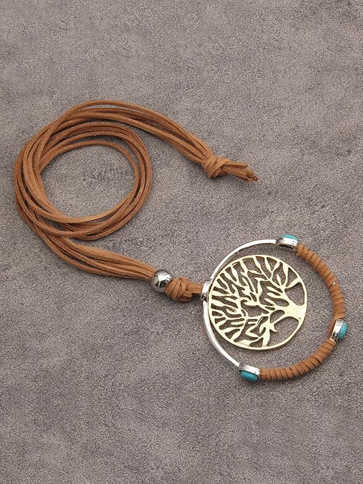 GelConnie Boho Necklaces for Women Vintage Silver Circles Long Pendant Necklace Cowgirl Sweater Necklace Adjustable Leather Choker Necklace for Women