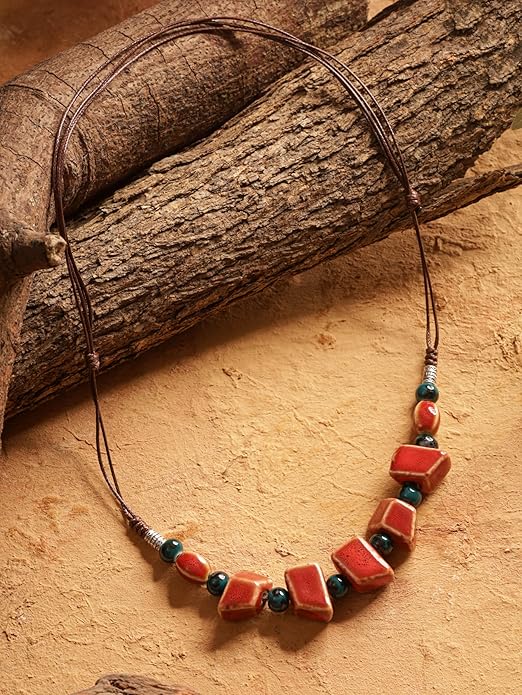 MINACHI Bohemian Hippie Colorful Ceramic Geometric Bead Strand Necklace, Vintage Boho Statement Jewelry Gift for Women