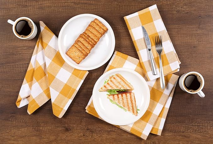 LFH Home Buffalo Check Cloth Dinner Napkins Set of 12, Cotton Napkins, 100% Cotton Checkered Wedding Christmas New Year Dinner Napkins with Mitered Corners and Generous Hem - 18 x 18 Mustard White