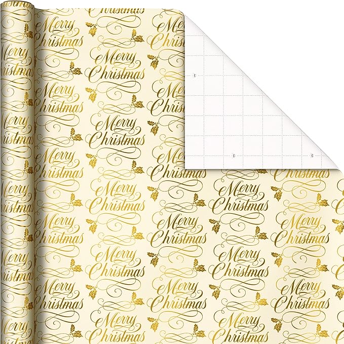 Hallmark Foil Christmas Wrapping Paper with Cut Lines on Reverse (3 Rolls: 60 sq. ft. ttl) Classic Santa Claus, Gold Merry Christmas, Green Plaid with Gold Trees