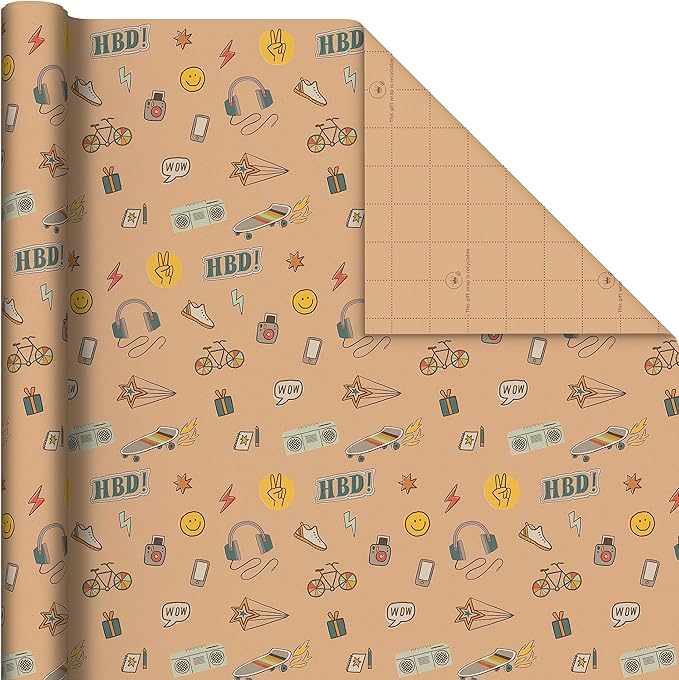 Hallmark Birthday Wrapping Paper, Recyclable Brown Kraft Gift Wrap (3 Rolls: 60 sq. ft. ttl) Kids Birthday, Retro Icons, Roller Skates, Skateboard