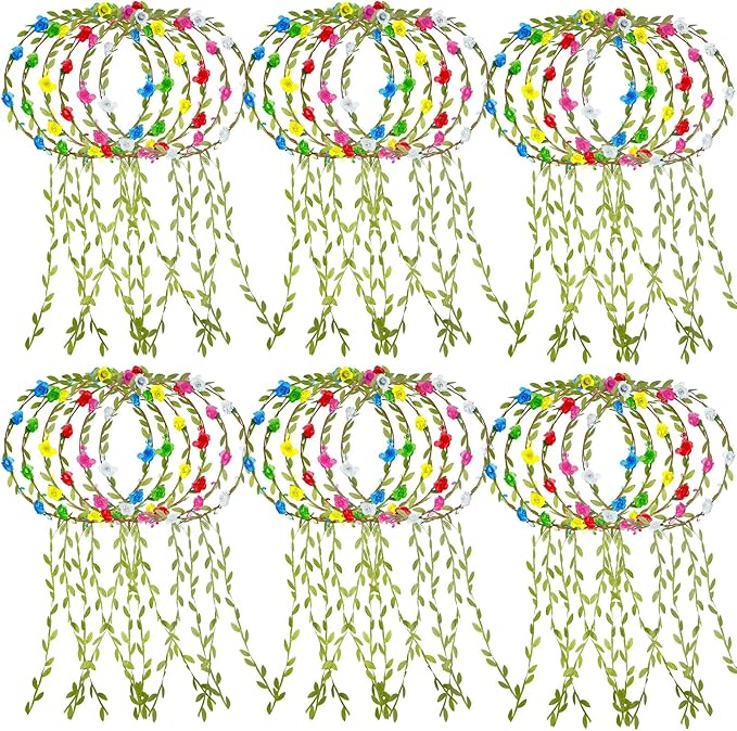 30 Pcs Assorted Colored Flower Crown Bohemian Floral Garland Headbands Multicolor Headband Garland Wreath Green Leaves Decor for Women Wedding Birthday Fairy Party Favor Supplies