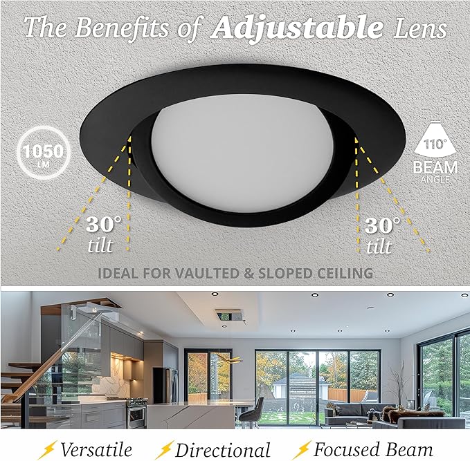 NUWATT 6 Inch Black Gimbal LED Recessed Lighting Canless Wafer Lights, 5CCT 2700K/3000K/3500K/4000K/5000K, Dimmable, 1050LM, 12W, Downlight Adjustable Recessed Swivel LED Sloped Ceiling Light, 6 Pack