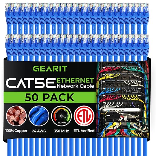 GearIT 50-Pack, Cat5e Ethernet Patch Cable 2 Feet - Snagless RJ45 Computer LAN Network Cord, Blue - Compatible with 48 Port Switch POE Rackmount 48port Gigabit