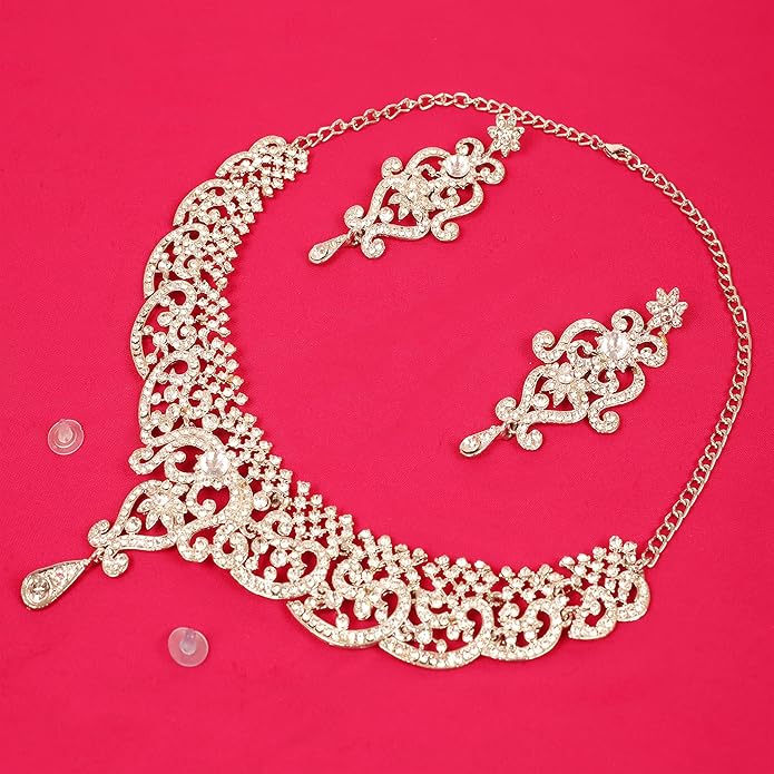 Touchstone Indian jewelry set for women bollywood gold jewellery wedding outfits necklace sets earrings bridal maang tikka fancy costume girls big desi accessories rhinestone in gold or silver tone