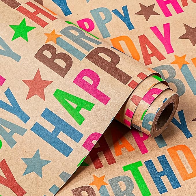 WRAPAHOLIC 30 Inch Jumbo Kfaft Birthday Wrapping Paper Roll - 30 Inch x 33 Feet - Colorful Happy Birthday Wrapping Paper for Girls Boys Kids, Baby Shower, Party