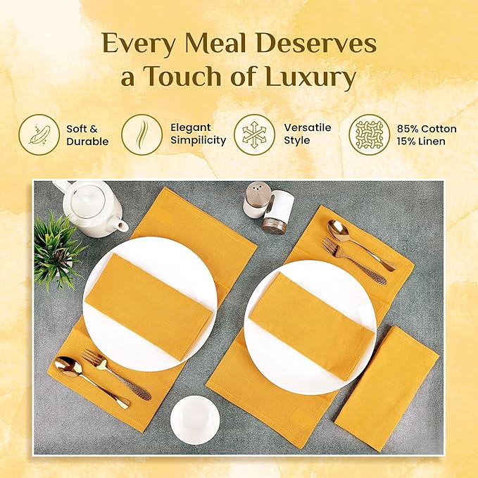 Cloth Napkins Gold Set of 12 Cotton Linen 18x18 Inch - Soft Durable Washable - Ideal for Farmhouse Party Wedding Spring Summer Easter - Perfect Everyday Use Table Linen (Gold/Yellow)