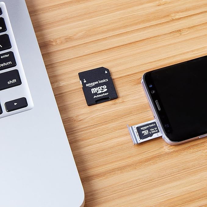 Amazon Basics Micro SDXC Memory Card with Full Size Adapter, A2, U3, Read Speed up to 100 MB/s, 256 GB, Black