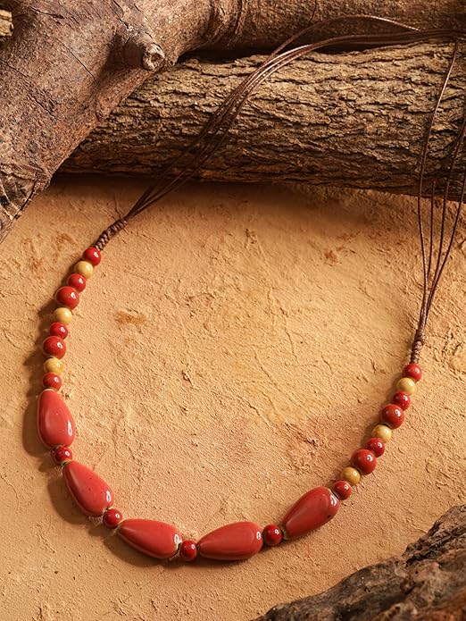 MINACHI Boho Hippie Round Ceramic Beads Strand Necklace, Vintage Bohemian Summer Beach Jewelry Gift for Women