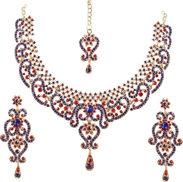 Touchstone Indian jewelry set for women bollywood gold jewellery wedding outfits necklace sets earrings bridal maang tikka fancy costume girls big desi accessories rhinestone in gold or silver tone