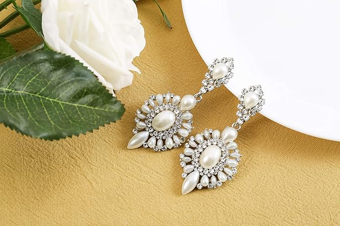 mecresh Flower Teardrop Bridal Wedding Dangle CZ Earrings in Silver/Gold Tone for Women Girl Bride Gift …