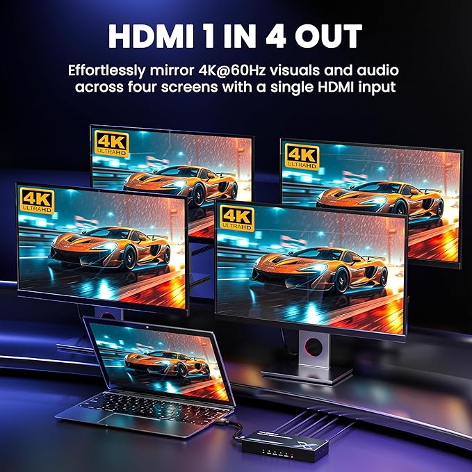 4K HDMI Splitter 1x4 withEDID, 4K@60Hz HDR HDMI 2.0 18Gbps HDMI Duplicator Support HDCP 2.2 for Switch2 Apple TV, PS5, Xbox, Roku, Projector... (4K@60Hz 1 in 4 Out)