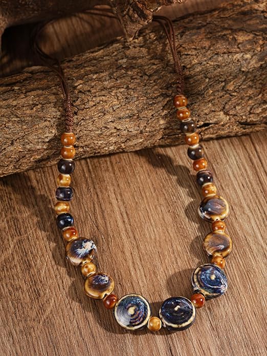 MINACHI Boho Hippie Round Ceramic Beads Strand Necklace, Vintage Bohemian Summer Beach Jewelry Gift for Women
