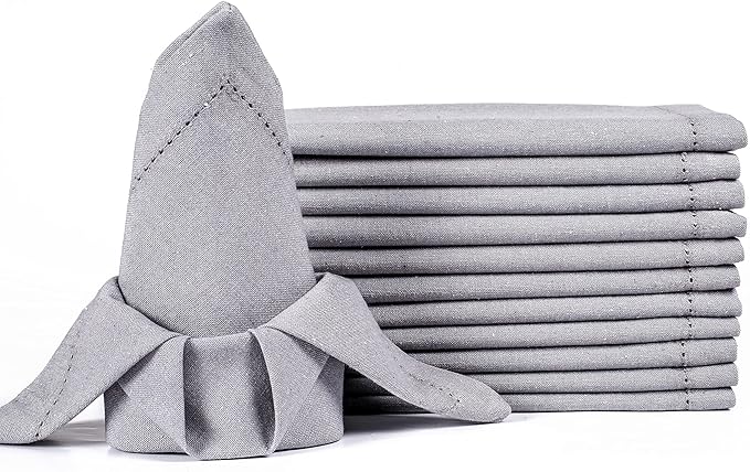 LFH Home Hemstitched Cloth Dinner Napkins 18x18 Inch Set of 12 - Reusable 100% Cotton Machine Washable Cocktail Napkins with Metered Corners for Daily, Party, Wedding, Bar Use - Ash Grey