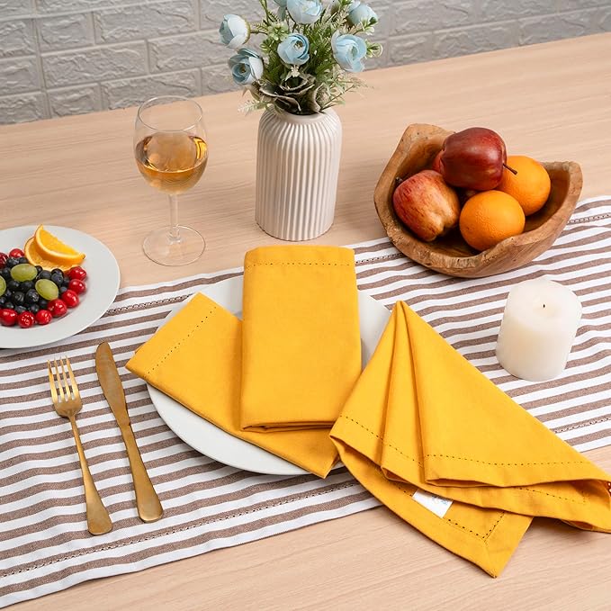 Blue Needles Set of 6 Hemstitch Linen Napkins 100% Cotton Golden Yellow Cloth Dinner Napkins 18x18 inches, Soft, Reusable Absorbent Washable, Ideal for Fall Thanksgiving Events, Parties & Everyday Use