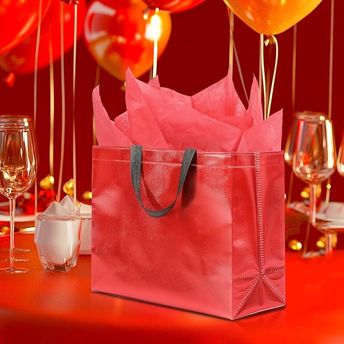 KeerxunBag 12Pcs Reusable Gift Bags（Includes Tissue Paper） Gift bag with handle Birthdays Parties Holidays Weddings Medium 13x5x11in Red Gift Bags