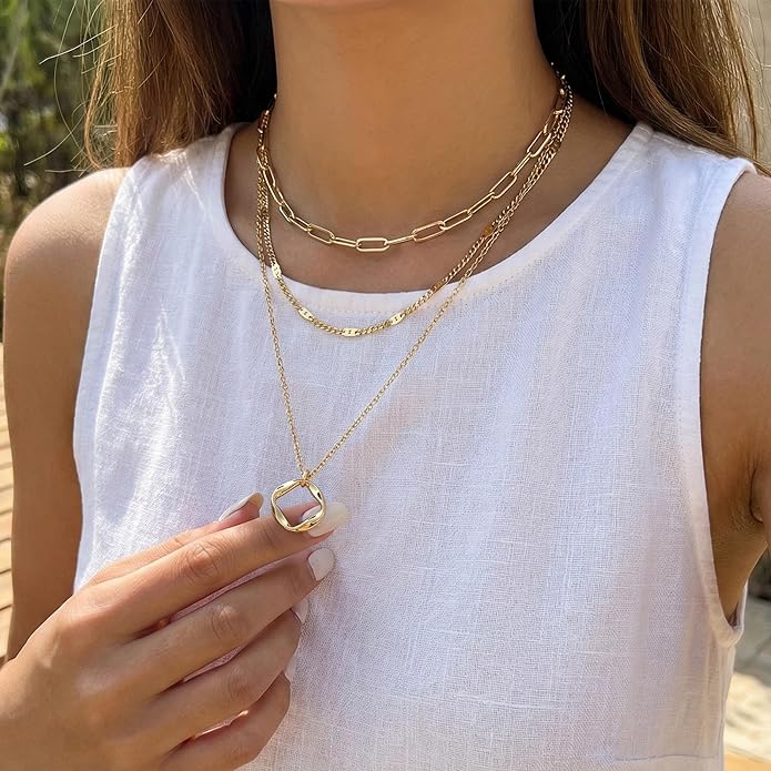 Layered Gold Necklaces for Women, Stackable Dainty 14K Gold Silver Plated Trendy Simple Heart Diamond Cross Bow Circle Pendant Paperclip Choker Dot Chain Necklace,Jewelry Set Gifts for Women