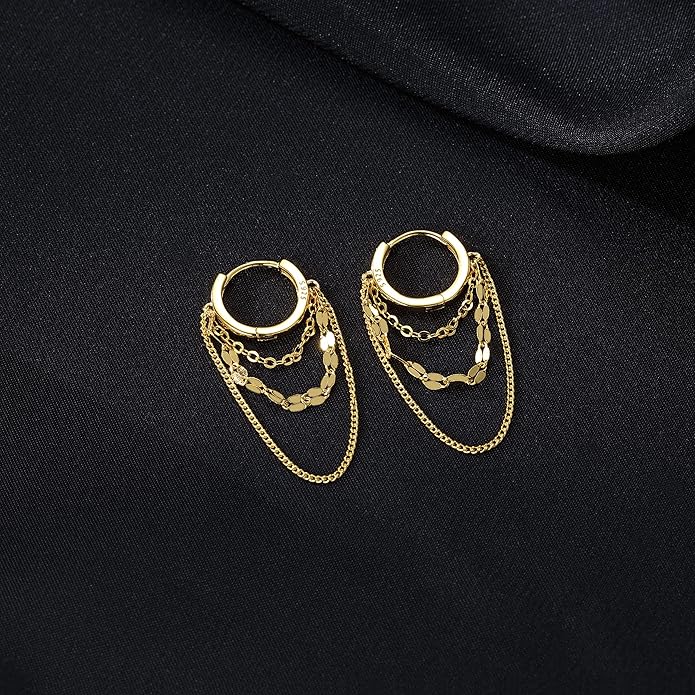 Reffeer Solid 925 Sterling Silver Chain Drop Earrings Hoop for Women Teens Hoop Earrings Tassel Chain Huggie Dangle Earrings