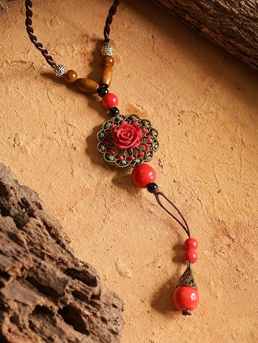 MINACHI Vintage Bohemian Colorful Ceramic Bead Antique Flower Y Necklace, Vintage Boho Hippie Statement Jewelry Gift for Women