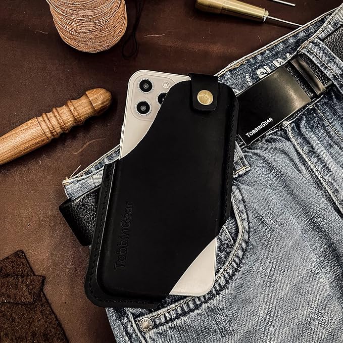 TobbinGear Leather Cell Phone Holster with Belt Clip, Universal Phone Holster for Men Belt Holder, Leather Case for iPhone, Samsung Galaxy Phones, Black, Large