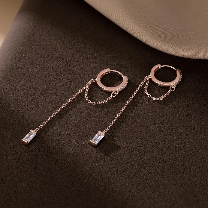 Reffeer 925 Sterling Silver CZ Chain Hoop Earrings Dangle for Women Teens Dangle Earrings Chain Drop Earrings Huggie