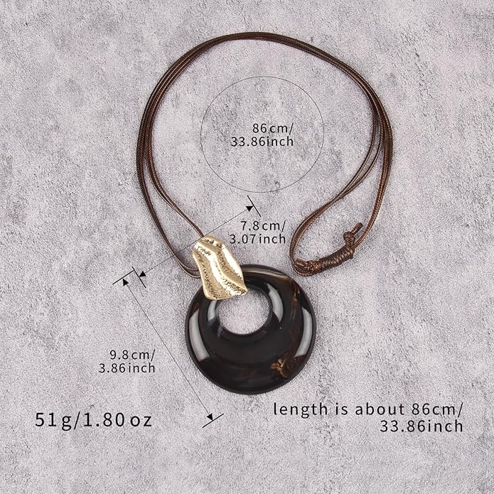 Boho Leather Necklace Women Bohemian Brown Circle Pendant Necklace Choker Long Necklaces for Women Boho Ring Large Pendant