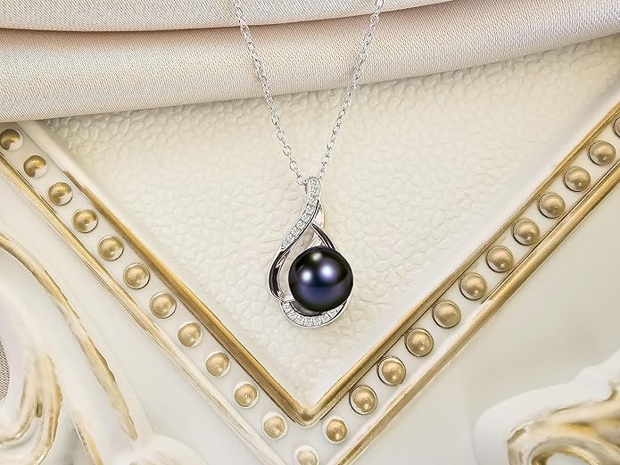 AAA+ 9mm Natural Black pearl necklace for women - Real pearl necklaces for women (18k gold platted 925 sterling Silver)- Wedding anniversary's gift for wife - Luxury birthday gifts for woman - Birthday gift for wife