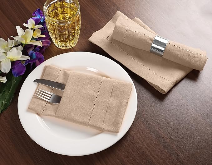 Palisa Cloth Dinner Napkins with Hemstitched Detailing & Mitered Corners Set of 12 (18x18 Inches) Beige - Cotton Reusable Dinner Napkins - Perfect for Weddings & Everyday Use