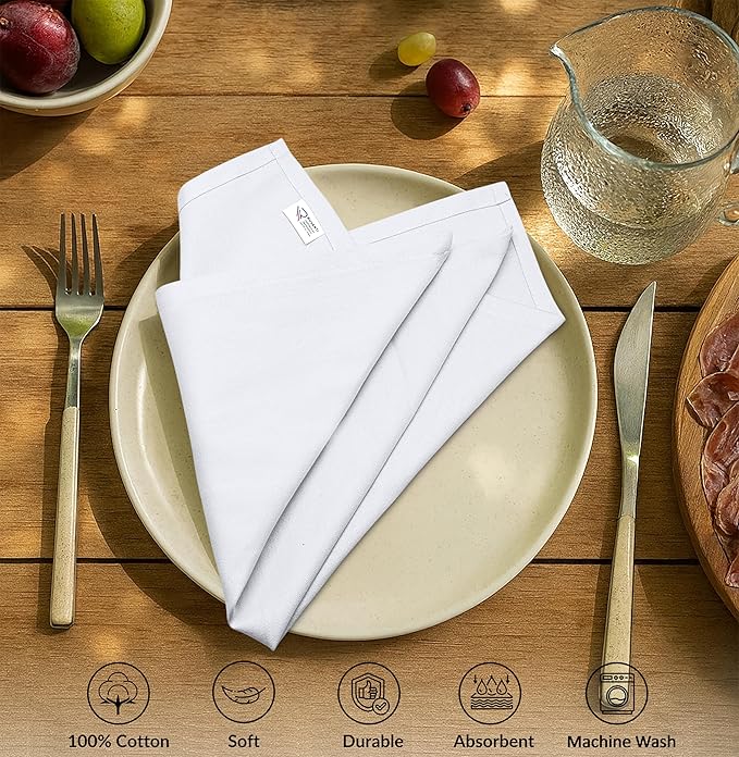Ruvanti Premium Cloth Napkins Set of 12, 18x18 Inches, 100% Cotton, Washable, Soft & Absorbent, Perfect for Wedding, Christmas, ‎Thanksgiving Dinners - White