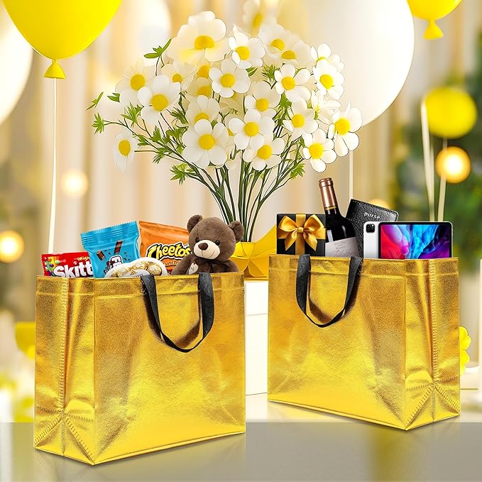 KeerxunBag 12Pcs Reusable Gift Bags（Includes Tissue Paper） Gift bag with handle Birthdays Parties Holidays Weddings Medium 13x5x11in Golden Yellow Gift Bags