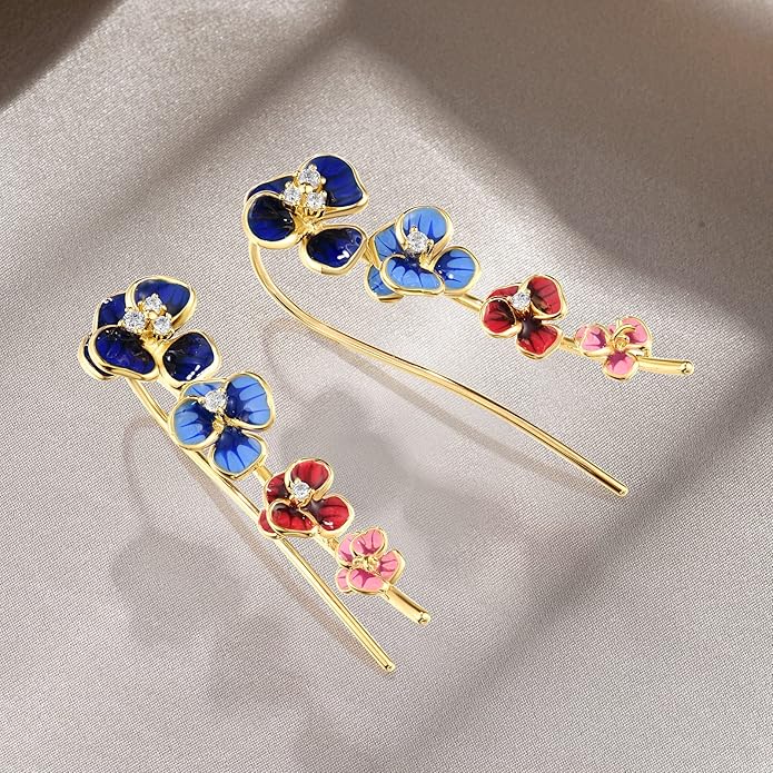 Santuzza 925 Sterling Silver Enamel Flower Ear Cuffs Climber Earrings for Women