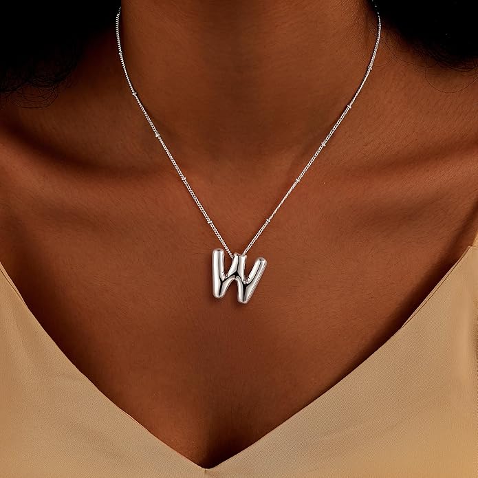 Inerney Valentines Day Gifts Gold Bubble Letter Necklace Initial Necklaces for Women, Chunky 14K Plated Balloon Initials, Trendy Charm Non Tarnish Custom Name Pendant Jewelry Gifts for Mom