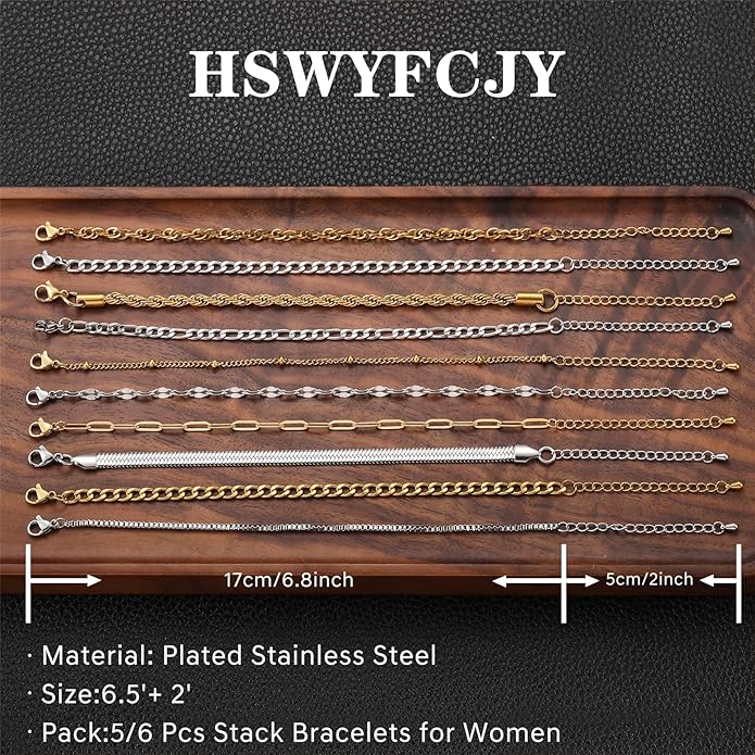 Silver and Gold Bracelets for Women Non Tarnish Waterproof Gold bracelet stack set, Adjustable 6.5"+2" Extender, Layered Bracelets for Women，Exquisite Jewelry Gift