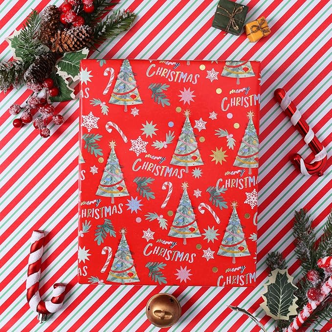 LaRibbons Reversible Christmas Wrapping Paper Roll, Classic Christmas Tree Design with Candy Canes & Snowflakes, Red Holiday Gift Wrap Paper for Xmas, Season Party Celebration, 17 Inch X 33 Feet