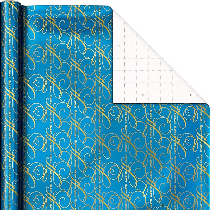Hallmark Christmas Wrapping Paper Rolls, Metallic Foil Holiday Gift Wrap (Pack of 3: 60 sq. ft. ttl) Elegant Navy Blue and Gold for Christmas, Hanukkah, Weddings, Graduations