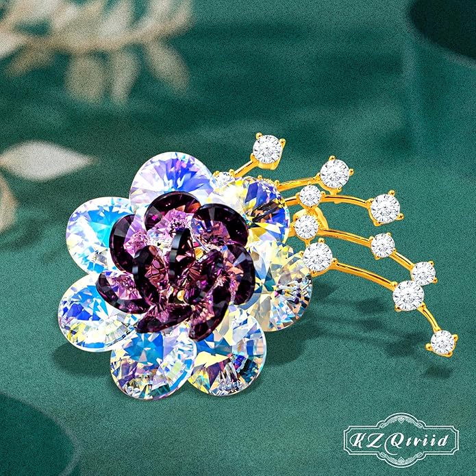 Brooches For Women,14k Gold Plated Copper,Crystal Roselle Cubic Zirconia Brooch Pins For Women ，Crystal Broach,Flower Broach
