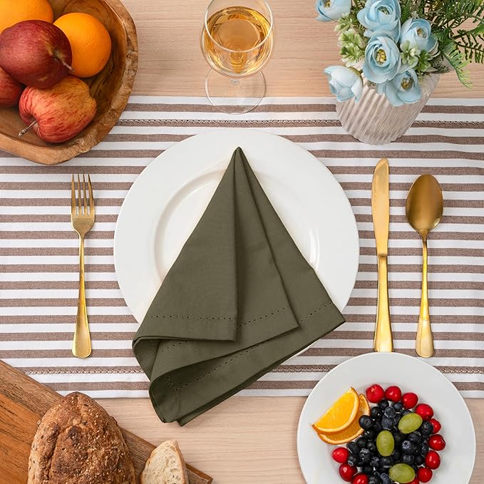 Blue Needles Set of 12 Hemstitch Linen Napkins 100% Cotton Olive Green Cloth Dinner Napkins 18x18 inches, Soft, Reusable, Absorbent, Washable Ideal for Fall Thanksgiving Events, Parties & Everyday Use