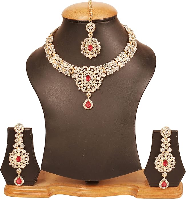 Touchstone Indian jewelry sets for women gold wedding tikka necklace set guest costume fancy bridal jewellery rhinestone crystal elegant formal prom evening wear dainty accessories