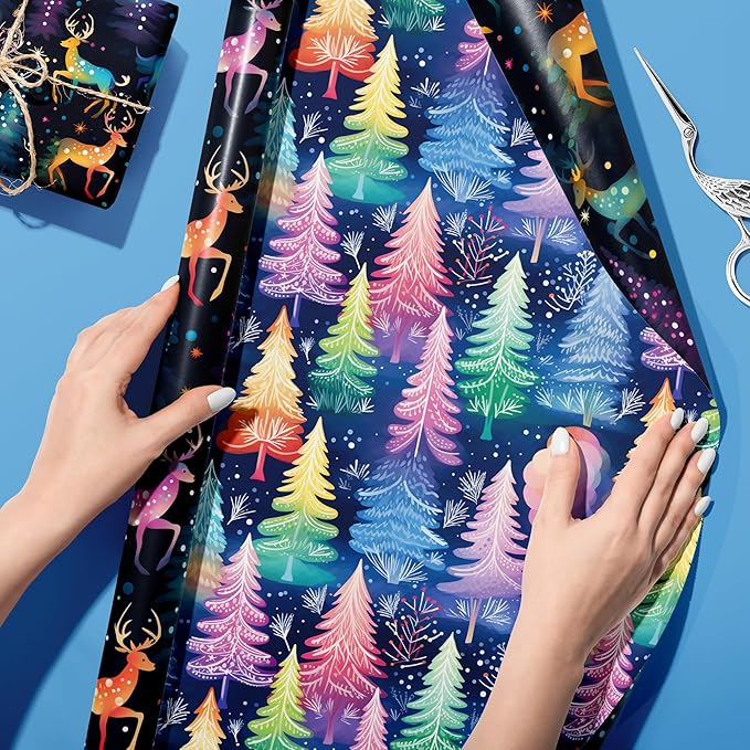 Vnaaem Chrismas Wrapping Paper Roll for Boys Kids Girls - Cute Rainbow Xmas Gift Wrap with Reindeer Trees Design for Holiday Winter Birthday DIY Craft Party(Total 28.5sq.ft)