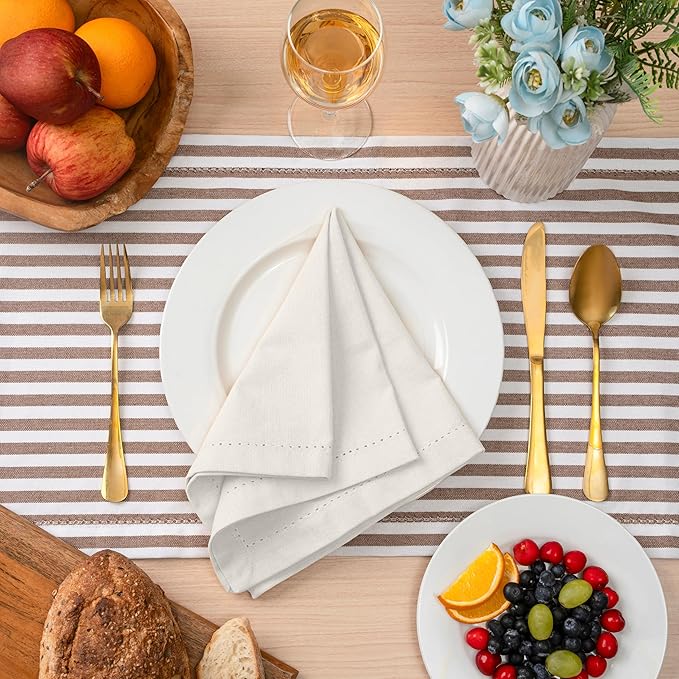Blue Needles Set of 6 Hemstitch Linen Napkins 100% Cotton White Cloth Dinner Napkins 18x18 inches, Soft, Reusable, Absorbent, Washable, Ideal for Fall Thanksgiving Events, Parties & Everyday Use