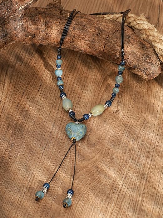 MINACHI Boho Hippie Colorful Ceramic Heart Bead Strand Necklace, Bohemian Summer Statement Jewelry Gift for Women