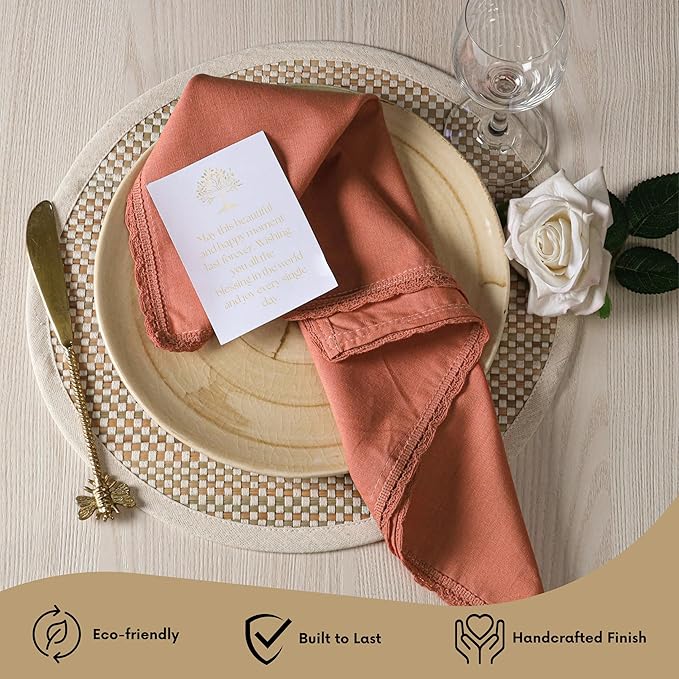 Ramanta Home Linen Flax Cloth Napkins Set of 4 |18x18 Inch | Premium Cotton Linen Flax Lace Soft & Durable | Washable Ideal for Everyday Use Parties Thanksgiving Christmas Halloween Rust