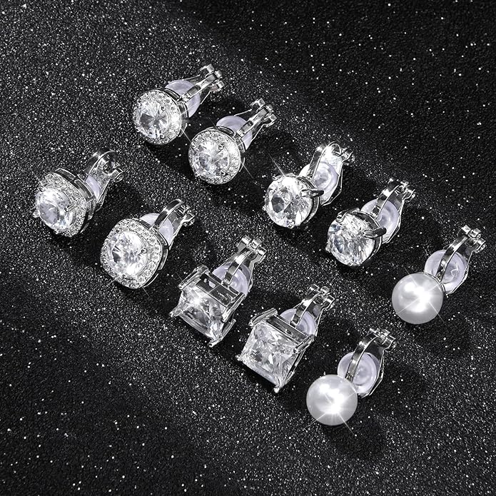 Clip On Earrings for Women Non-Pierced - 5-Pair Set Sparkling CZ Diamond Silver Tone Earrings | Comfortable Fit for Wedding, Prom, Party, Dance Competition | No Piercing Ear Accessories Set
