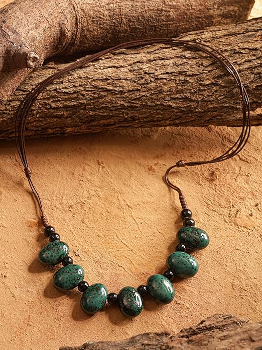MINACHI Bohemian Hippie Colorful Ceramic Geometric Bead Strand Necklace, Vintage Boho Statement Jewelry Gift for Women