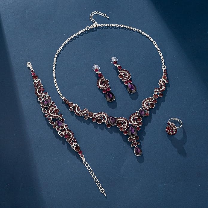 Crystal Bridal Wedding Jewelry Sets for Women Rhinestone Teardrop Crystal Statement Choker Necklace Drop Earrings Link Bracelets Rings Teardrop Jewelry Set for Brides Bridesmaids