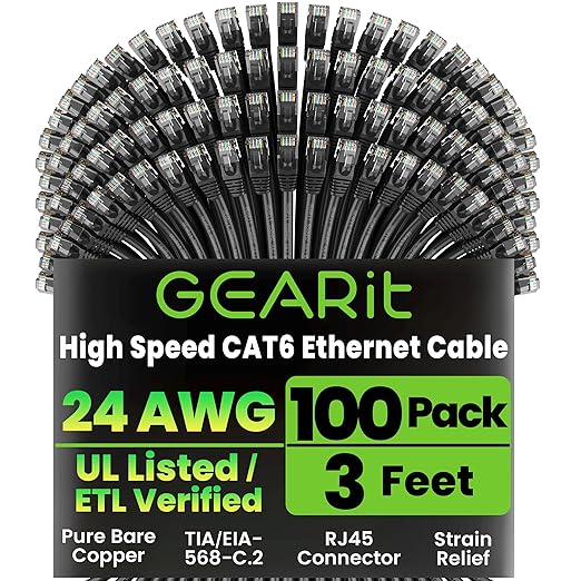 GEARit Cat 6 Ethernet Cable Pack - 100-Pack 3 ft Cat6 Ethernet Patch Cables | RJ45 Network Patch Cable, 10 Gbps Snagless Gold-Plated Connectors - Ethernet Cable Cat 6 for PC, TV, Router - Black