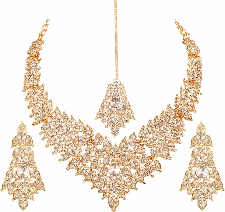 Touchstone Indian Bollywood Tinsel Town Traditional Western Taste Studded Diamond Look Rhinestones Designer Bridal Jewelry Necklace Set for Women
