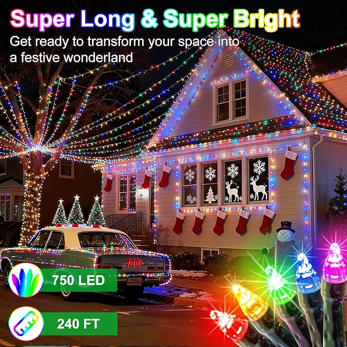 750 LED 240FT Christmas String Lights Outdoor, 12 Pro Modes and Timer Memory & Brightness, Plug in Waterproof Dark Green Wire Twinkle Light for for Xmas Yard Tree Wedding Party Decor (Multicolor)