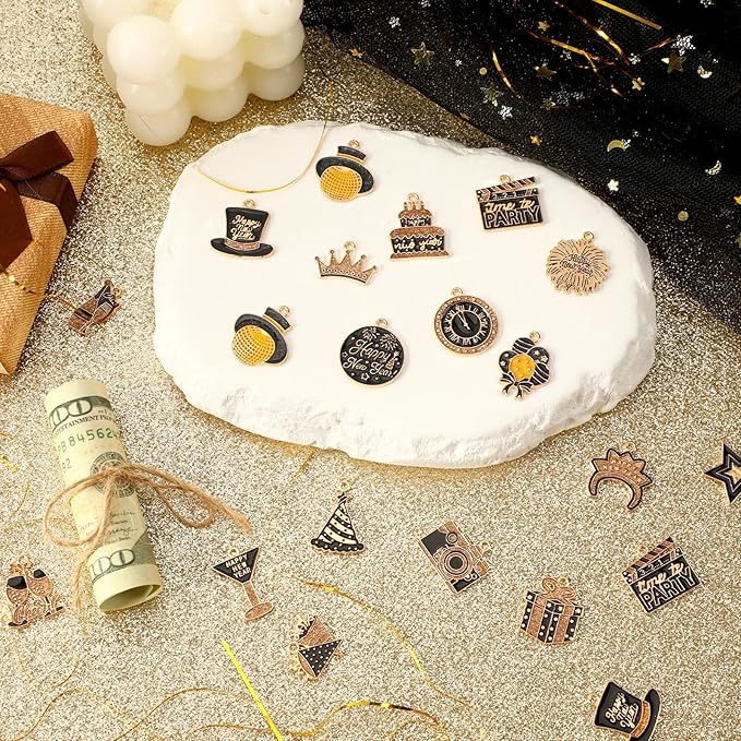 MARFOREVER 40Pcs/20 Pairs New Year Charms for Jewelry Making, New Year’s Eve Clock Hat Star Champagne Flute Glittery Enamel Pendants for Bracelet Necklace Earrings Making Accessories