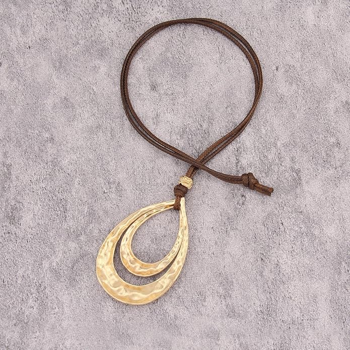Boho Leather Necklace Women Bohemian Brown Circle Pendant Necklace Choker Long Necklaces for Women Boho Ring Large Pendant